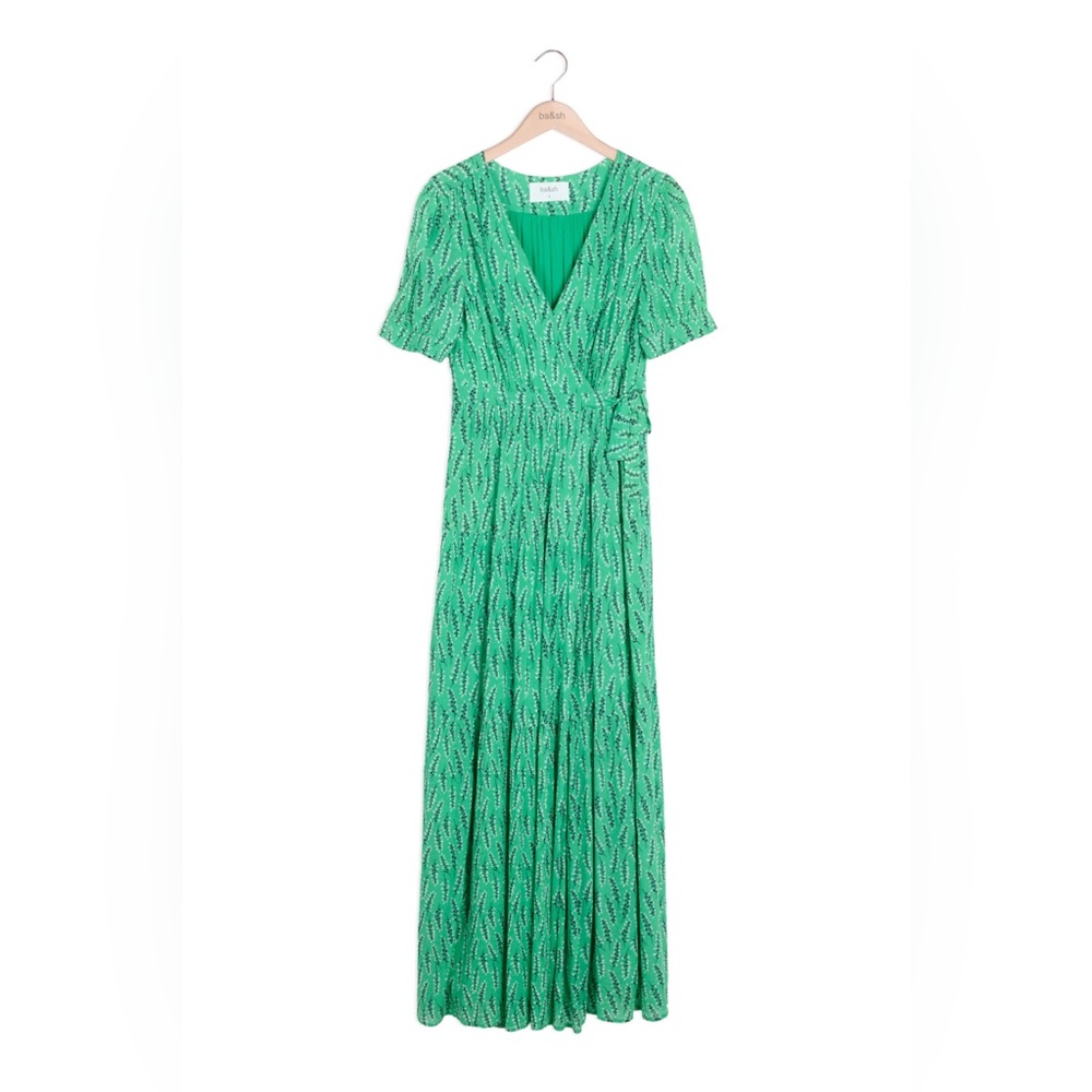 ba&sh Green Corn Wrap Dress 0 US Size 4 Bohemian‎ Resort Floral Maxi Peasant